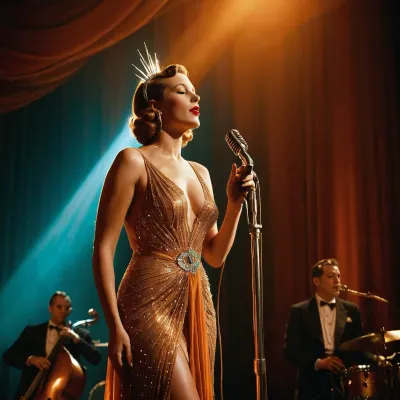 Vintage cinematic film photograph of a 1940s jazz cabaret performance. Dramatic low-angle shot looking up at an elegant female singer standing at a vintage chrome microphone on a stand. She wears a long fitted amber-gold evening gown and a dramatic sunburst halo headpiece with radiating metal spikes, head tilted back mid-song, one hand on her hip. Strong warm backlight creates a glowing halo around her head. Art deco stage design with glowing orange vertical light columns and a luminous arch, vivid turquoise-blue draped curtain backdrop. Jazz band members in white dinner jackets playing double bass and saxophone in the dim background. Hazy smoke atmosphere, soft diffusion, halation, film grain, retro analog film look, cinematic chiaroscuro, warm orange versus cool blue color contrast, dreamlike nostalgic mood., downblouse, nipslip, <lora:RealDownblouseXL2:.8>