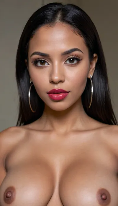 Insanely close up detailed photo of an latin 28-year-old girl, curvy body, latina, black straight hairs, full lips, (((lipstick))), big eyes, make up, dark skin, (dark skin cinnamon), (nude:1.2), (naked:1.3), (((no clothes))), (((with elastic big breasts))), (((earrings))), (different poses), (pussy visible:1.3), sexy, beautiful, tanned, with a perfect face, detailed face, (detailed hair, light hairstyle:1.1), (shiny dark skin body, realistic sweat:1.1), straight hairs, black hairs, earrings, nose earrings, Looking at the camera, in a dark room, lots of details, three-dimensional, epic, clear focus, depth of field, professional lighting, full view, 8k photography, HDR, the picture was taken on Canon EOS R5, 75 mm lens