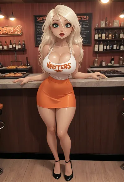 (Jack Cayless art style), (Masterpiece), (high quality), (full body view), (vibrant colors:1.2), Inside Hooters bar and grill, hot 22 year old waitress, beautiful face, tanned, (super long wavy blonde hair), lushious platinum hair, huge large breasts, perfect breasts, wasp waist, full lips, wearing a super tight waitress tank top, orange short skirt, cleavage, (professional make up job, eyeliner, mascara), dark red lipstick, green eyes, fit body, smooth skin, pefect eyes, painted fingernails, highly detailed body and face, highly detailed background, 4ng3l face, ratatatat74, <lora:SDXL_BetterFaces-LoRA_v1:.8>, <lora:DetailedEyes_V3:.8>, <lora:ratatatat74-000050:.8>, <lora:outline_xl_kohaku_delta_spv5x:1.2>