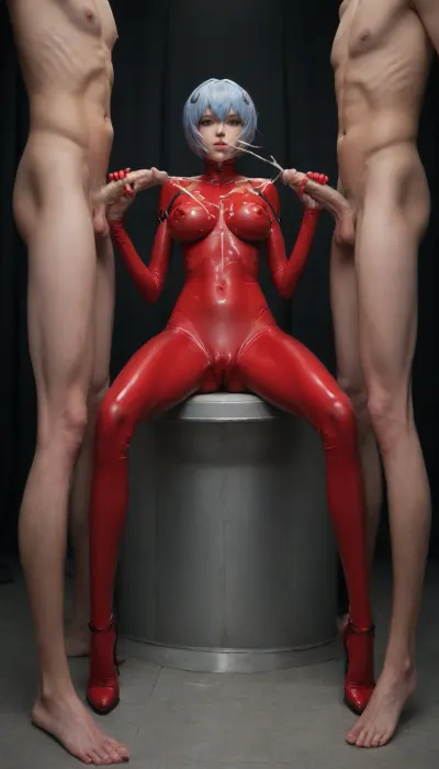 (1woman, 1man, hetro couple), (handjob, holding man's cock), (intricately detailed Ayanami Ray from Evangelion in red latex full body catsuit), (covered very massive nipples:1.5), (covered small conical breasts:1.6), (highly detailed hair), naked woman, (skinny:1.8), (huge cameltoe:1.7), looking at viewer, (1man, out of frame, white man, masturbating his, (small cock:1.6), (handjob)), (cum on body:1.6), (ejaculation:1.7), (white cum), (thick cum), Dark background