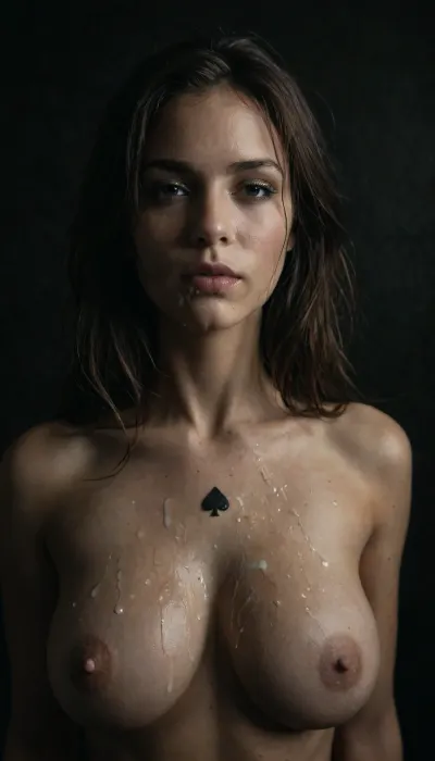 score_9, score_8_up, score_7_up, (polaroid bad quality photo:1.5), (camera flash), slightly dark background, group portrait facing the viewer, close-up front view of a woman’s bare breasts, tightly framed to show only the breasts with no other body parts visible, 34G cup breast, heavy giganormous and voluptuous with extra-large areolae and clearly visible pierced nipples adorned with shiny metallic jewelry. Featuring a bold Queen of Spades mark ♠️ prominently centered between the breasts. Explicitly covered with a huge load of glistening cum dripping down for a lustful and provocative atmosphere, soft warm lighting, dark room with black background. Ultra-realistic 4K resolution, professional photography, sharp image, lifelike texture, maximum detail and rendering quality, generate 4k detailed picture, TTSR2 enhancement, high res, improve rendering quality and accuracy, ultra-realistic with high detail, high detail, maximum resolution, best photo quality, Djaissy, improve anatomy, improve generation quality, improve detailed image quality., bukkake, cum, <lora:dark:.8>, <lora:MS_Real_XL_Bukkake:.8>