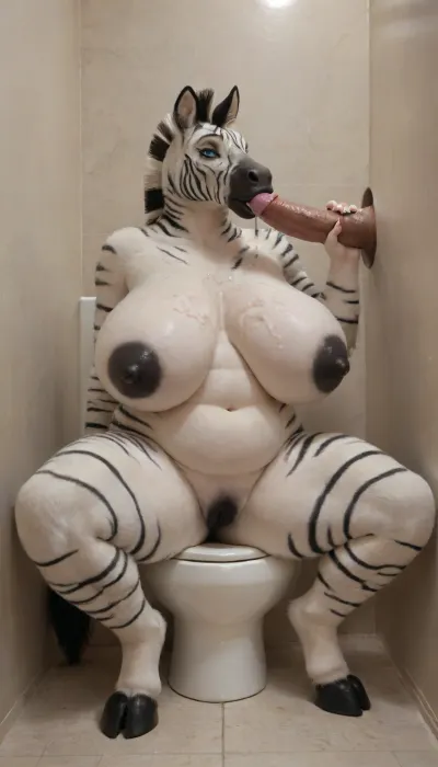 woman, ((Anthro, Character_tanya-winters_crowchild)), (in a glory hole booth, public bathroom, toilet, grafitti on the walls, three large white penis, huge penis, very veiny penis, penis has a flat tip, penis has huge balls), (cum on face, cum on breasts, projectile cum), FULL BODY, sitting on a toilet, legs open, vagina visible, handjob, penis in each hand, huge breast, sexy chubby girl, alone, long horse face, large head, soft facial features, nude, (((body covered in deep white fur, dark zebra stripes in fur, soft fur, thick fur covering entire body, very thick fur))), very bright blue eyes, big tits, looking away, pleased look on face, black lips, black lipstick, purple eyeliner, smooth fur, big saggy tits, massvive tits, very wide hips, thick thighs., ((huge tits, floppy tits, massive tits, thick protruding nipples black nipples, swollen nipples)), black vagina, long black hair, hair cit unto Mohawk, large gold hoop earings, full lips, ((wide, very wide hips, thick cellulite hips)), ((belly bulges and sags, deep navel, thick belly)), (fur:1.4), (cum on breasts:1.5), super wide huge hips, fursuit, flabby belly, arabian, horse, friesian, centaur, <lora:milkers_v2:1.6>, <lora:Fur:1.8>, <lora:FursuitXL:1.2>, <lora:Horsesv2:1.5>, sucking, cock, <lora:cockteaseLoRASDXL:.8>