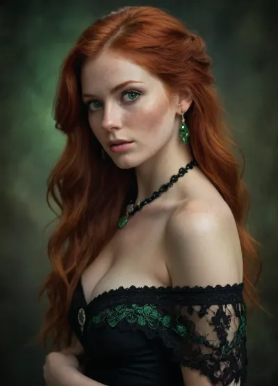 photograph, digital art, fantasy style, beautiful red-haired woman, long straight hair, fair skin, freckles, green eyes, delicate features, wearing black off-shoulder dress with lace trim, beaded necklace, ornate earring, big breast, looking over shoulder, soft light, dark textured background, ethereal, fantasy character, intricate hair details, realistic texture, fantasy portrait, romantic, mystical, detailed, elegant, soft focus, dreamy atmosphere.