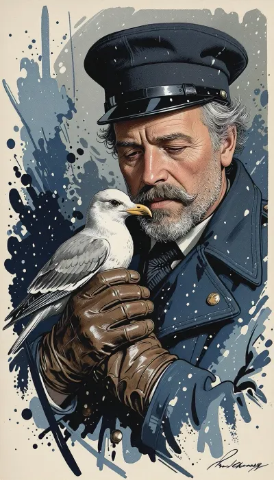 Affiche illustrée dans le style des gravures d'expédition polaire du début du XXe siècle, cadrage resserré en portrait sur Jean-Baptiste Charcot, explorateur et commandant français, tenant contre sa joue sa mouette Rita dans un dernier geste de tendresse. Son visage burin par des années d'expéditions arctiques et antarctiques porte les marques du vent, du sel et du froid, rides profondes autour des yeux, barbe et moustache grisonnantes soigneusement taillées mais alourdies par l'humidité, quelques mèches de cheveux gris s'échappant sous sa casquette de commandant sombre, dont la visière luisante capte un reflet de lumière orageuse. Son expression mêle une tristesse contenue et une dignité stoïque, sourcils légèrement froncés, regard baissé vers l'oiseau qu'il tient délicatement entre ses mains gantées de cuir usé, les doigts refermés avec une délicatesse presque paternelle. La mouette Rita, plumage blanc et gris cendré, la tête nichée contre la joue de son maître, un œil noir brillant tourné vers lui, ailes à peine entrouvertes, comme suspendue entre l'envol et l'attachement. Autour d'eux, le fond se dissout en larges aplats et traînées de couleur façon gravure à l'encre et lavis, teintes de bleu marine profond, gris ardoise et touches d'ocre pâle évoquant une lumière de tempête sans jamais décrire de forme reconnaissable — ni ligne d'horizon, ni silhouette de navire, seulement une texture atmosphérique abstraite, hachures et éclaboussures d'encre suggérant le mouvement du vent et des embruns. Le grain du papier est visible, légèrement jauni, avec de fines craquelures façon affiche ancienne conservée depuis un siècle. Le trait est marqué et expressif, typique des lithographies d'aventure, contours noirs appuyés sur le visage et les mains, ombrage par hachures croisées. La lumière est dramatique, concentrée sur le visage de Charcot et la tête de Rita, créant un halo doux au centre de la composition tandis que les bords sombrent progressivement dans l'obscurité. Palette de couleurs volontairement limitée à quatre tons, bleu marine, gris tempête, ocre pâle et blanc cassé. Composition verticale, intime, empreinte d'émotion et de gravité, à la manière d'une affiche commémorative d'expédition polaire française.
