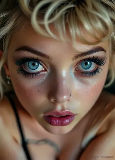 Elf, elf ears, pointed ears, Cinematic still, (18yo woman), submissive, cute, gorgeous, freckles, ((slim:1.4)), ((muscular:1.3)), ((ing small:1.4)), (black mystical body tattoos:1.6), perfect round breasts, piercing, dark makeup, eyeliner, eyeshadow, mascara, long eyelashes, slim waist, black stockings, black choker, very long pink hair, striking facial features, (bright blue eyes), sad eyes, narrow face, wet skin, silver jewelry, on bed in a bright bedroom, (crawling over the viewer:1.5), (((looking directly to the viewer))), (everywhere:1.5), mouth closed, kiss mouth, (ruined makeup:1.4), (ruined hairstyle:1.7), on s, dripping, devot, (closeup face:1.7), view from below, 4k epic detail, shot on kodak, 35mm photo, sharp focus, high budget, cinemascope, moody, epic, film grain, grainy, score_9, score_8_up, score_7_up, rating, explicit, big_eyes, but, <lora:style_lora_realis:2>, <lora:BUT_SDXL_SHS:2>, <lora:SDXLHighDetail_v6-000005:2>