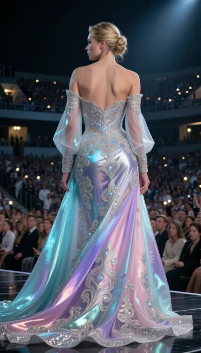 Masterpiece ultra photorealistic cinematic couture photography, luminous low key exposure with brilliant pearlescent highlights, deep dimensional shadows, strong local contrast, dramatic tonal separation, exquisite depth, a breathtaking elegant woman 28 years old standing with her back toward the viewer in the absolute foreground on a grand stadium stage, she is the clear focal point of the image, the composition is tighter and slightly closer to her than before, full length but more intimate, slightly elevated three quarter rear viewpoint revealing the graceful line of her shoulders, waist and the flowing movement of her gown, sophisticated blonde hair arranged in an intricate low twisted bun with softly curled strands, she wears an extraordinary floor length couture gown made from layered iridescent silk chiffon and luminous organza with elegant opaque lining, the fabric glows with shifting opalescent hues of icy cyan, turquoise, aquamarine, pale lavender, blush pink, silver and mother of pearl, extremely intricate embroidered filigree woven into the gown, microscopic metallic threads, delicate raised jacquard patterns, fine arabesque motifs, shimmering microfibers, crystalline textile detail, prismatic reflections traveling across every fold, luminous edges, rich tactile texture, realistic drape and structure, a long fluid train cascading beautifully behind her, she is being celebrated by a vast stadium audience of around one hundred thousand people, the surrounding crowd fills the background and the stands as a sea of lights and human presence, all spectators remain completely soft and out of focus, only their scale, energy and celebratory atmosphere are visible, the subject and her gown remain razor sharp, dramatic spotlighting from above and behind creates brilliant controlled specular highlights across the fabric, the stadium surrounding glows with diffused concert light, soft haze, atmospheric bloom and cinematic depth, premium full frame mirrorless photography, 70 mm prime lens, f 2.0, ISO 200, 1 over 160 second, high dynamic range, physically accurate global illumination, realistic fabric luminosity, precise skin texture, subtle analog film grain, controlled bloom around practical lights, refined highlight rolloff, luxurious editorial fashion photography, extreme microcontrast, exceptional textile fidelity, eight K photorealism