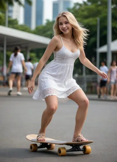 sporty 19yo blonde with Big Natural Sagging Breasts in white sundress dances on skateboard in Singapore, (highly detailed background, photorealistic background:1.5)