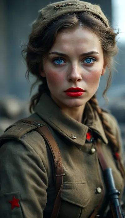Soviet sniper woman od Stalingrad, Full Body, Full view, Blue eyes, red lip stock, on battlefield, fucked by german soldier, lyingfloor, <lora:MJ52:.8>