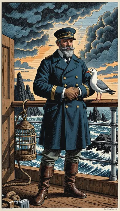 Affiche illustrée de style vintage représentant Jean-Baptiste Charcot, explorateur polaire français du début du XXe siècle, débout fièrement sur la passerelle de son navire le Pourquoi-Pas ?. Visage buriné et digne, barbe et moustache grisonnantes bien taillées, casquette de commandant en laine sombre, lourd caban de marine aux boutons dorés et gants de cuir épais. Il caresse tendrement une mouette blanche et grise nommée Rita, perchée à côté de lui sur le bastingage, près d'une cage en osier suspendue à un cordage, se balançant légèrement, la porte entrouverte. Derrière lui, un ciel tumultueux et dramatique, nuages sombres et déchirés zébrés de lumière dorée, récifs noirs et acérés émergeant d'une mer démontée coiffée d'écume. Style illustration gravée, esthétique d'affiche d'expédition polaire vintage, traits marqués, palette de couleurs limitée, (bleu marine, ocre, crème), grain de papier texturé, style lithographie d'aventure du début du XXe siècle, composition évocatrice et héroïque.