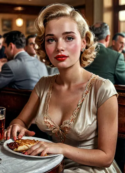 the essence of 1950s illustrative art.
The overall atmosphere of the scene is formal yet charged with intensity, with the cinema filled with seated patrons. The use of fine, expressive line work, smooth gradients, and natural reflections contributes to the realistic depth of field and overall visual impact. The high dynamic range, (HDR), lighting and detailed textures enhance the sense of realism and immersion, evoking the style of 1950s satirical or moralistic illustrations, ultra-fine details, perfect 5 fingers, blonde mature Mom, <lora:h41ry:2>, <lora:detailed_notrigger:2>, <lora:add-detail-xl:2>, <lora:LCMTurboMix_Euler_A_fix:.8>, <lora:style_lora_realis:.8>