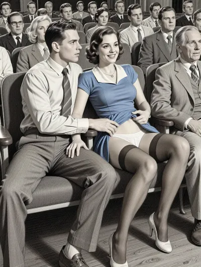 This is a detailed monochromatic pencil drawing in a classical illustrative style depicts a scene set in in the movie theater in the 1950s, 1 younger guy and 1 older woman, The younger guy 's hand is on the woman's crotch, The younger guy touchs milf's hips by fingers while watching the movie, woman smiling, her legs slightly apart, younger guy look at her, woman is wearing a 1950s blue dress and Her dress is slightly pulled up, she is wearing brown stockings and white panties, lady heels. with brown hair, younger guy is looking sexually aroused and lustful, head tilted back enjoying, candid amateur picture, younger guy is fully visible, (((younger guy looking at woman and woman are looking straight ahead at camera))), The overall style is a black and white pencil drawing, capturing a candid moment. The scene has a formal, organized atmosphere.The cinema is full of people sitting, The overall mood is intense, rendered in fine, expressive line work and subtle shading, evoking the style of 1950s satirical or moralistic illustrations.