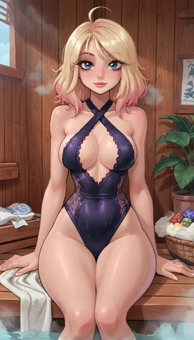 (innv meets jack cayless style), (reiq style, masterpiece, cel-shaded, limited color palette), ((Beautiful Sexy Muscles Gwen from marvel body)), (1girl, solo, alone, 21 year old woman), ((1girl, solo, alone, 21 year old woman body)), (blonde with pink tips hair), (gorgeous, seductive face, mature, ads, perfect breast, perfect hands, perfect legs, small waist, thick thighs, hips, big ass, sweaty body), (spiderman criss cross lace swimsuit:1.1), (((realizing posing))), (sauna, steam, summer, beach, tropical, flowers, plants, sauna background), ultravio let light, LoL, Style, ratatatat74, <lora:mk_Bp Anime_xl:2>, <lora:cartoon_stickers_xl_v1:2>, <lora:Spider-Gwen:2>, <lora:LCMTurboMix_Euler_A_fix:2>, <lora:ratatatat74-000050:2>