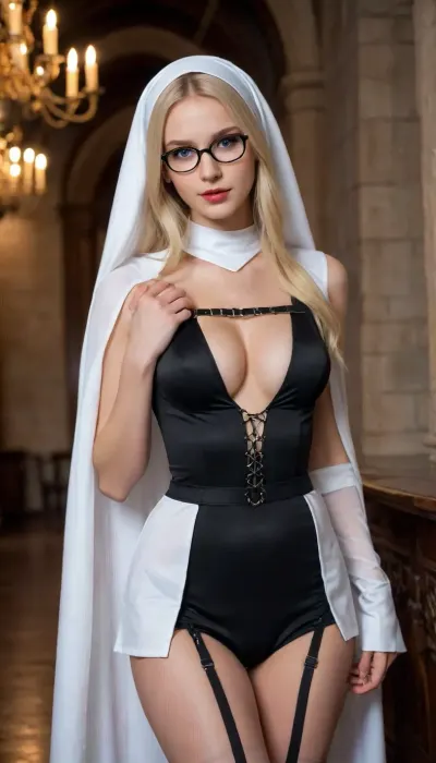 (Sexy Sweet Tempting Woman), Professional sexy seduction modelposes, supermodel, perfect lighting, ultra realistic, 8k resolution, ultra detailed, instagram model, professional photography, night, dim lighting, Ancient Castle, Candlesticks, Crusaders, Book, ((cosplay Battle nun)), luxurious ash blond hair, Blue eyes, Sexy lips, flashy makeup, ((nun, Transparent, Sheer fabric, Slit One-piece Dress)), (chain, Black garter belt, stockings), rounded glasses, pale skin, natural big round breasts, nordic, shy smile, flirty, bashful, seductive, lusty, playful, Healthy slim body, Tall, very long legs, hourglass figure, Sweet face, perfect face, lifelike face, real face, very beautiful face, detailed face