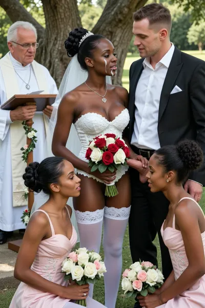 The ultra black skin afro bride and white skin groom stand facing each other before an elderly priest. before the groom two afro ultra black skin bridesmaids are kneeling down with groom's cock close to ultra black skin bridesmaids faces, with realistic shot of white cum on their faces and boobs. The priest stands behind a small, festively decorated lectern. The uktra black skin bride lovingly touches the groom's erect penis. The groom lovingly touches the bride's vagina., (The beautiful, slender, naked bride wears her dark hair in an elaborate, professional updo, she is wearing white nylon stockings, an intricately embroidered white open-bust corset, and a silver necklace with a small silver heart-shaped pendant. The bride's vagina is perfectly shaved, not a single hair or bit of stubble is visible. Her breasts are big and natural but firm. The bride looks happy, it is evident that this is the most beautiful day of her life. The ultra black skin bride holds a bridal bouquet in front of her body with both hands, the bouquet consists of red and white roses.), (The naked groom has an erect penis and is wearing only a black tailcoat and a white button-up shirt. short brown hair with a side part. The groom gazes lovingly at his bride.), (The afro ultra black skin bridesmaids also have their hair in updos, both are wearing pastel pink nylon stockings and pastel pink open-bust corsets. The bridesmaids' vaginas are also perfectly shaved. They are happy and delighted for the bride. The afro ultra black skin bridesmaids also each hold a small bouquet in front of their bodies with both hands, the bridal bouquet consists of white and pastel pink flowers.), A sunny summer day in the garden, in the background, several large, old trees providing shade are visible. However, the women are in full sunlight.