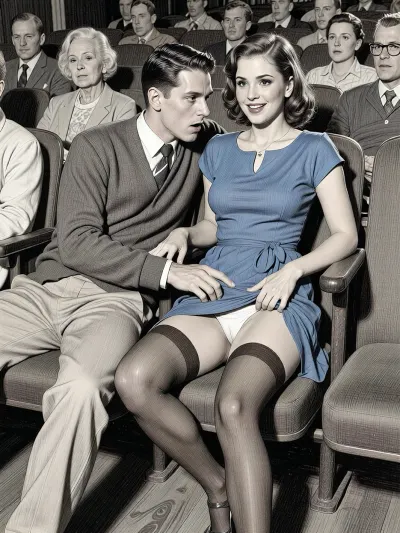 This is a detailed monochromatic pencil drawing in a classical illustrative style depicts a scene set in in the movie theater in the 1950s, 1 younger guy and 1 older woman, The younger guy 's hand is on the woman's crotch, The younger guy touchs milf's hips by fingers while watching the movie, woman smiling, her legs slightly apart, younger guy look at her, woman is wearing a 1950s blue dress and Her dress is slightly pulled up, she is wearing brown stockings and white panties, lady heels. with brown hair, younger guy is looking sexually aroused and lustful, head tilted back enjoying, candid amateur picture, younger guy is fully visible, (((younger guy looking at woman and woman are looking straight ahead at camera))), The overall style is a black and white pencil drawing, capturing a candid moment. The scene has a formal, organized atmosphere.The cinema is full of people sitting, The overall mood is intense, rendered in fine, expressive line work and subtle shading, evoking the style of 1950s satirical or moralistic illustrations.