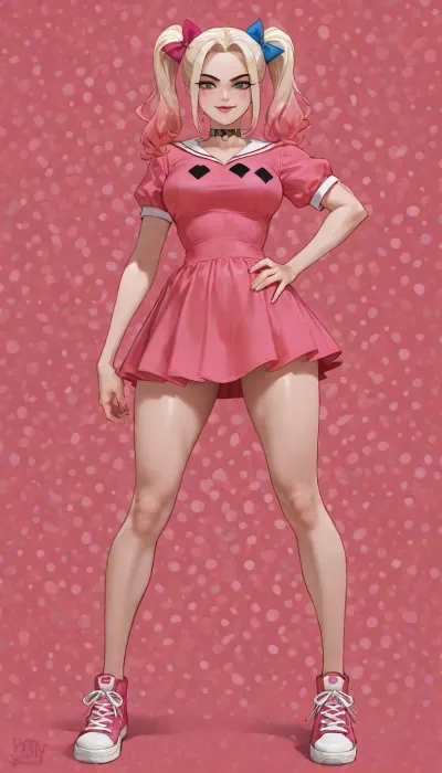 masterpiece, best quality, absurdres, very aesthetic, intricate details, 1girl, solo, Harley Quinn, aged up to 20 years old, short messy blonde hair, huge signature pink hair bow on top of head, heavy freckles across nose and cheeks, sharp blue eyes, thick dark eyebrows, slightly mature face, confident smirk, intense gaze, wearing her classic pink dress with white peter pan collar, short puffy sleeves, same exact outfit from the cartoon but on adult body, athletic and toned body, medium firm breasts, narrow waist, long legs, pink sneakers, standing pose, hand on hip, looking at viewer, hey arnold art style, cartoon aesthetic, clean thick outlines, flat colors with soft shading, vibrant pink and yellow color palette, detailed clothing folds, realistic proportions mixed with cartoon style, (Harley Quinn:1.3), (large pink hair bow:1.4), (freckles:1.2), (classic pink dress:1.25), hey arnold style, nickelodeon cartoon style
detailed face, sharp eyes, thick eyebrows