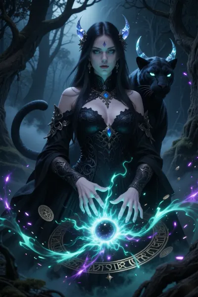 A masterpiece of the highest quality, (digital art in the ‘dark fantasy’ style:1.2), . A beautiful sorceress with mesmerising eyes and long dark hair, dressed in an exquisite obsidian-coloured Gothic gown, stands by an ancient stele in the very heart of the gloomy, mystical Black Forest. And she is weaving magic of the highest order. Her hand, with its sharp nails, is pointed downwards towards the glowing pentagram at her feet, streams of power flow from her hand, feeding the pentagram, at the centre of which a portal begins to form. Standing beside her is a majestic, mythical shadow panther with a perfectly defined, muscular feline physique, piercing, brightly glowing eyes and sharp, crystal-clear horns. In the background are twisted, dead trees and thick mist creeping across the ground. A vortex of magical energy forms around them, bright, ancient magical runes surround a five-pointed pentagram radiating pure energy, brightly glowing ethereal threads, and a portal slowly taking shape in the centre. Deep shadows, voluminous beams of light, dynamic neon-coloured turquoise and violet sparks, sharp focus on the characters, cinematic lighting.