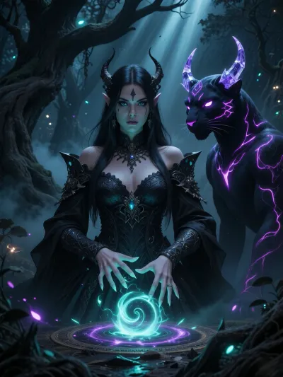 A masterpiece of the highest quality, (digital art in the ‘dark fantasy’ style:1.2), . A beautiful sorceress with mesmerising eyes and long dark hair, dressed in an exquisite obsidian-coloured Gothic gown, stands by an ancient stele in the very heart of the gloomy, mystical Black Forest. And she is weaving magic of the highest order. Her hand, with its sharp nails, is pointed downwards towards the glowing pentagram at her feet, streams of power flow from her hand, feeding the pentagram, at the centre of which a portal begins to form. Standing beside her is a majestic, mythical shadow panther with a perfectly defined, muscular feline physique, piercing, brightly glowing eyes and sharp, crystal-clear horns. In the background are twisted, dead trees and thick mist creeping across the ground. A vortex of magical energy forms around them, bright, ancient magical runes surround a five-pointed pentagram radiating pure energy, brightly glowing ethereal threads, and a portal slowly taking shape in the centre. Deep shadows, voluminous beams of light, dynamic neon-coloured turquoise and violet sparks, sharp focus on the characters, cinematic lighting.