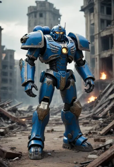 Mechanical goleaf warhammer 40000, blue armor, glimming, in front of a destroyed city