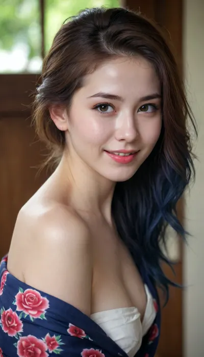 beautiful sexy slender young lady, hot sweaty pale white skin, kind soft, flirty eyes, flirty smirk smile, rough tangled rose hair, dark blue long sarong, Korean, thigh