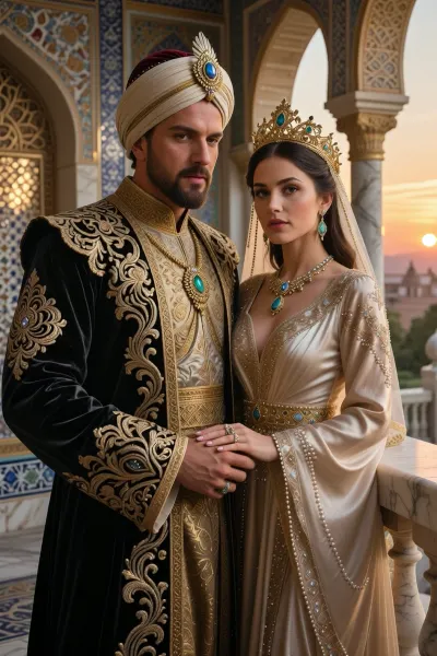 A hyper-realistic, exquisitely detailed cinematic portrait of the majestic Ottoman sultan and his beloved sultana. The sultan wears a sumptuous, intricately embroidered velvet caftan, lavishly adorned with gold thread, and a majestic turban with a large aigrette encrusted with precious stones. The sultana wears a stunning silk gown with delicate beadwork and a golden crown adorned with cascading veils and emerald ornaments. They stand with their hands touching, on a majestic marble balcony during a warm sunset at ‘golden hour’. Exquisite Islamic architecture, mosaic tiles, richly decorated arches, rich textures, three-dimensional lighting, photorealism and 8K resolution – a true masterpiece.
