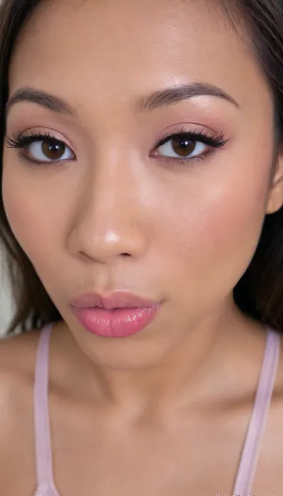 (portrait of a Pinay Filipina Asian:1.2), (tightly closed mouth, lips together:1.3), A Filipina's slut face and shoulders, (27 years old), dark brown tanned skin, (softly overlined lips with muted rosy nude-pink lipstick, (subtle mauve undertones), (slightly deeper pink lip liner defining the edges:1.2), sheer translucent gloss layered over the lipstick, soft reflective highlights on the center of the lips, naturally full-looking lips), (medium-width natural nose), (straight natural nose bridge), (softly rounded slightly bulbous nose tip), (naturally wider nostrils), (subtle nasal width), (nose proportionate to the face), masculine jaw, (softly rounded jawline), (looking straight at camera:1.1), closed lips, (face portrait), (frontal shot), (round to softly oval face), natural facial asymmetry, natural facial proportions, realistic skin texture