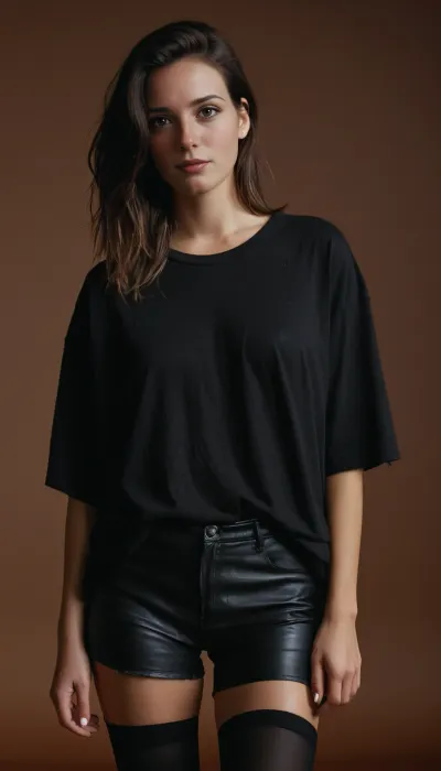 29 year old, brunette, oversized tshirt, black torn tshirt, loose tshirt, black tights, black leather shorts