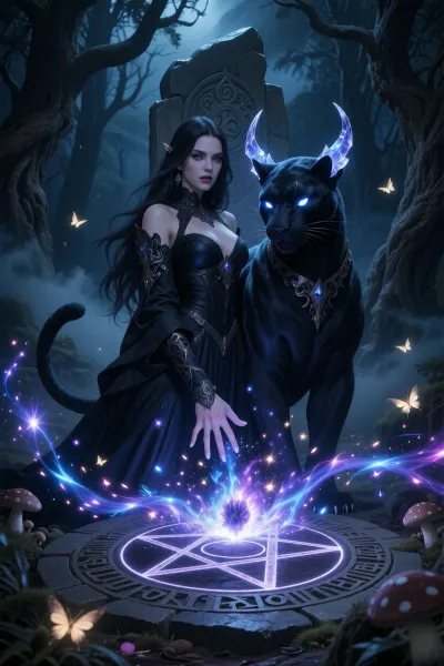 A masterpiece of the highest quality, (digital art in the ‘dark fantasy’ style:1.2), . A beautiful sorceress with mesmerising eyes and long dark hair, dressed in an exquisite obsidian-coloured Gothic gown, stands by an ancient stele in the very heart of the gloomy, mystical Black Forest. And she is weaving magic of the highest order. Her hand, with its sharp nails, is pointed downwards towards the glowing pentagram at her feet, streams of power flow from her hand, feeding the pentagram, at the centre of which a portal begins to form. Standing beside her is a majestic, mythical shadow panther with a perfectly defined, muscular feline build, piercing, brightly glowing eyes and sharp, crystal-clear horns. In the background are twisted, dead trees and thick mist creeping across the ground. A vortex of magical, yet shifting energy forms around them, glowing mushrooms and moths appear all around, the energy softens and the swirls take on the shape of a heart, bright, ancient magical runes surround a five-pointed pentagram radiating pure energy, along with brightly glowing ethereal threads and a portal slowly taking shape in the centre. Deep shadows, voluminous beams of light, dynamic neon-coloured turquoise and violet sparks, sharp focus on the characters, cinematic lighting.