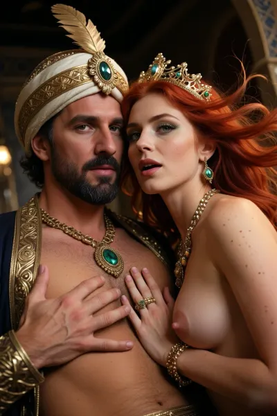 A masterpiece — an exceptionally detailed, photorealistic portrait of the great sultan’s beautiful red-haired concubine, captured in the sultan’s palace during an intimate moment of closeness. The sultan has dark hair, a thick dark beard and a piercing gaze, on his head is a richly adorned turban with a gold border, a large emerald and a gold feather. He wears an open dark-blue robe with gold arabesques, his chest bare. His large hand rests imperiously on the concubine’s breast. The concubine is young, she has long, flowing bright-red hair, light-green eyes and sensual lips, she looks directly into the camera. On her head she wears an exquisite golden crown adorned with emeralds, around her neck is a pearl-and-gold necklace with a large emerald pendant, and in her ears are gold earrings set with emeralds. Her upper body is completely bare, revealing her perfect natural breasts and smooth, fair skin. In the background is a dark palace archway and subdued ceiling lighting. Soft cinematic lighting, three-dimensional lighting, the sparkle of gold and precious stones, high detail in the skin, hair and fabrics, and a photorealistic, sensual atmosphere.