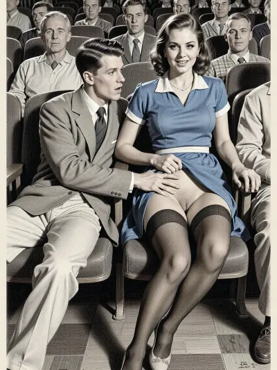 This is a detailed monochromatic pencil drawing in a classical illustrative style depicts a scene set in in the movie theater in the 1950s, 1 younger guy and 1 older woman, The younger guy 's hand is on the woman's crotch, The younger guy touchs milf's hips by fingers while watching the movie, woman smiling, younger guy look at her, woman is wearing a 1950s blue dress and Her dress is slightly pulled up, she is wearing brown stockings and white panties, lady heels. with brown hair, younger guy is looking sexually aroused and lustful, head tilted back enjoying, candid amateur picture, younger guy is fully visible, (((younger guy looking at woman and woman are looking straight ahead at camera))), The overall style is a black and white pencil drawing, capturing a candid moment. The scene has a formal, organized atmosphere.The cinema is full of people sitting, The overall mood is intense, rendered in fine, expressive line work and subtle shading, evoking the style of 1950s satirical or moralistic illustrations.