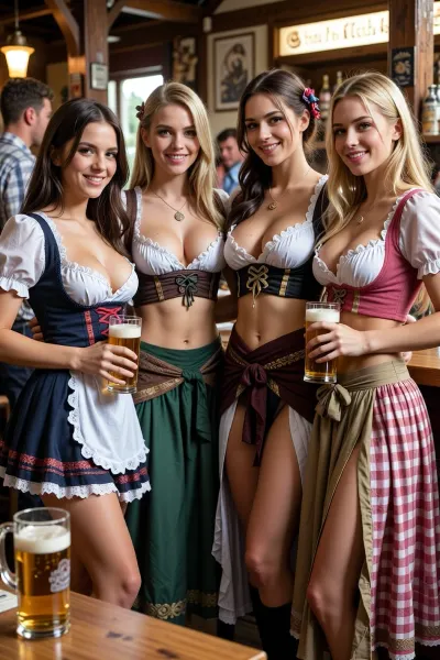 photorealistic, group of four busty 20 year old women, irresistible smiles, at Oktoberfest, different women, frilly low cut tops with their tits spilling out, maiden outfit, beer wench, long skirts, standing at a beer stall, ultra detailed, 4k, stunningly beautiful women, detailed faces, no blur, no ambient occlusion
