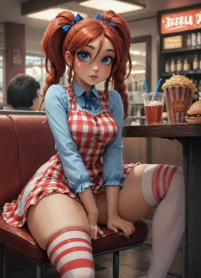 Cutesexyrobutts style, reiq, innv, (Jack cayless art style), markgavatino art style of a 8K, extreme realism, maximum detail image, of a UHD 8K, maximum detail, skinny pale female that resembles the Wendy’s fast food girl with red pig tails and freckles getting fucked by a big black cock, her blue and white checker style dress is pulled above her waiste, she is leaning over the table in a fast food restaurant, (focus on pussy), fast food fries and burgers are spilled on the floor, ffwendys, twin, braids, hair, bow, striped, dress, sleeves, puffy, thighhighs, revsitting, revstanding, <lora:fastfood_wendys_xl-000004:.8>, <lora:SDXL high detailed. LoRA_SDXL_ARW_0010:.8>, <lora:X2-000011:.8>, <lora:revsex_SDXL_1_:1.7>