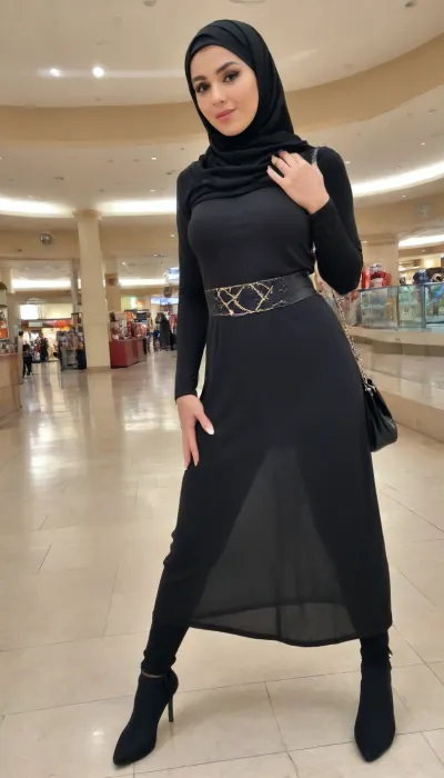 Islamic woman. Black outfit. In mall