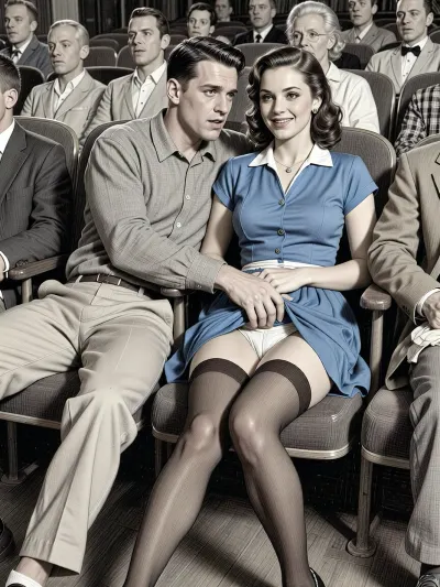 This is a detailed monochromatic pencil drawing in a classical illustrative style depicts a scene set in in the movie theater in the 1950s, 1 younger guy and 1 older woman, The younger guy 's hand is on the woman's crotch, The younger guy touchs milf's hips by fingers while watching the movie, woman smiling, her legs slightly apart, younger guy look at her, woman is wearing a 1950s blue dress and Her dress is slightly pulled up, she is wearing brown stockings and white panties, lady heels. with brown hair, younger guy is looking sexually aroused and lustful, head tilted back enjoying, candid amateur picture, younger guy is fully visible, (((younger guy looking at woman and woman are looking straight ahead at camera))), The overall style is a black and white pencil drawing, capturing a candid moment. The scene has a formal, organized atmosphere.The cinema is full of people sitting, The overall mood is intense, rendered in fine, expressive line work and subtle shading, evoking the style of 1950s satirical or moralistic illustrations.