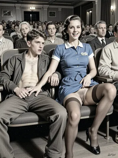 This is a detailed monochromatic pencil drawing in a classical illustrative style depicts a scene set in in the movie theater in the 1950s, 1 boy and 1 older woman, The boy touchs milf's hairy labia by fingers while watching the movie, woman smiling while giving younger boy a handjob, woman is wearing a 1950s blue dress and Her dress is slightly pulled up, pubic hair, hairy pussy, lshe is wearing brown stockings but no panties, lady heels. her genitals are slightly visible, Her knees are spread, the boy is casually dressed with unzipped open trousers, with brown hair, young man is looking sexually aroused and lustful, head tilted back enjoying, candid amateur picture, man is fully visible, (((both boy and woman are looking straight ahead at camera))), The overall style is a black and white pencil drawing, capturing a candid moment. The scene has a formal, organized atmosphere.The cinema is full of people sitting, The overall mood is intense, rendered in fine, expressive line work and subtle shading, evoking the style of 1950s satirical or moralistic illustrations.