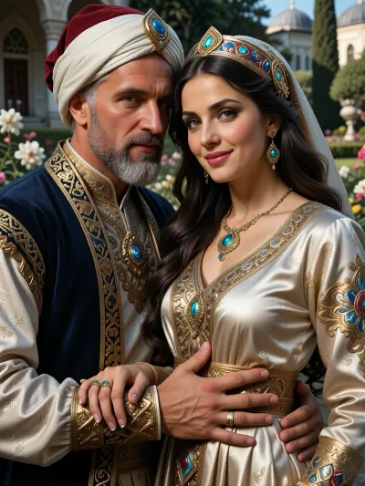 A painting depicting Sultan Suleiman and his concubine standing side by side in the gardens of Topkapı Palace, which are clearly visible in the background. A medium shot with cinematic lighting. Suleiman’s face bears a majestic, loving expression. The concubine gazes at him with love and reverence. Magnificent, highly detailed Ottoman jewellery, a turban adorned with a feather and fastened with a gemstone — worn by the sultan — whilst the concubine wears an elegant tiara and earrings encrusted with emeralds and rubies, as well as gemstone necklaces with impeccable texture. Photorealistic textures on Ottoman silk garments, 8K resolution.