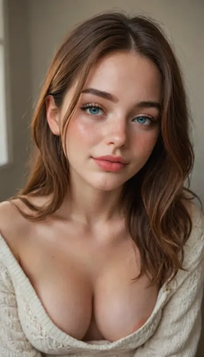 ziprealism, (score_9, score_8_up, 1girl), closeup shot, sharp focus, high saturation, high contrast, high angle, focus on eyes, perfect eyes, perfect hands, slutty makeup, long eyelashes, full lips, (sultry facial features, 18yo beauty, naughty whore), (natural tiny breasts, pale breasts, cleavage, loose comfy sweater, nipple slip, cozy bedroom, intimate moment:1.2), (sexy smile, wide bashful eyes, bashful pose, blushing, flushed chest:1.4), (freckles, flushed face), (vibrant auburn hair, long hair hanging loose), igbaddie, <lora:igbaddie-XL:.8>, <lora:add-detail-xl:.8>