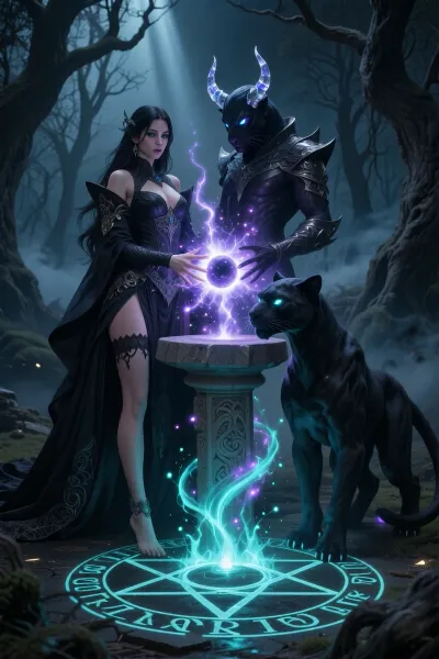 A masterpiece of the highest quality, (digital art in the ‘dark fantasy’ style:1.2), . A beautiful sorceress with mesmerising eyes and long dark hair, dressed in an exquisite obsidian-coloured Gothic gown, stands beside an ancient stele in the very heart of the gloomy, mystical Black Forest. She and her two companions are weaving magic of the highest order. Her hand, with its sharp nails, and the hand of her mythical companion are directed towards a glowing mass of energy, streams of power flow from their hands, feeding the pentagram, the pentagram’s power merging with their own. Standing beside them is a majestic, shadowy panther with a perfectly defined, muscular feline build and piercing, brightly glowing eyes, in the form of the sorceress’s eternal familiar, a panther she is now accustomed to. In the background are twisted, dead trees and thick mist creeping across the ground. A vortex of magical energy forms around them, bright, ancient magical runes surround a five-pointed pentagram radiating pure energy, brightly glowing ethereal threads, and a portal slowly taking shape at its centre. Deep shadows, voluminous beams of light, dynamic neon-coloured turquoise and violet sparks, sharp focus on the characters, cinematic lighting.