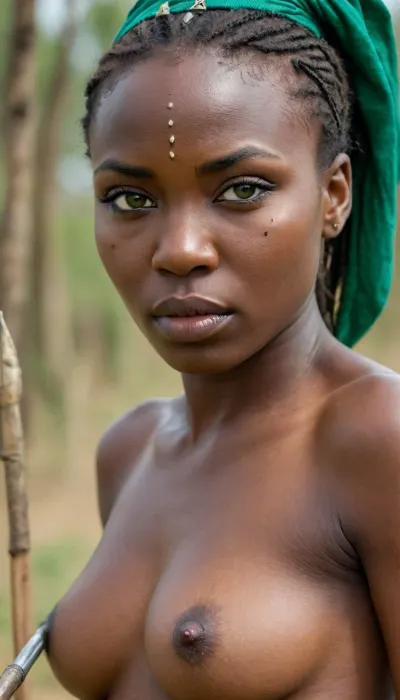 Ultrarealistic Photography of an ancient Nigerian female soldier topless, cape, traditional spear, 3/4 body view, green, eyes, blue, brown, perfecteyes, <lora:PerfectEyesXL:.8>