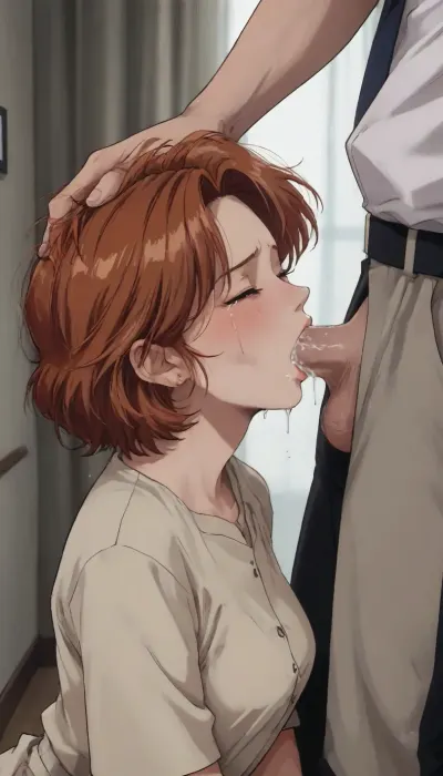 Markgavatino style, (retro anime:1.8), masterpiece, redhead woman, ((face stoic expression)), shy, embarrassed, ((closed eyes)), (tears, crying), ((woman fully clothed secretary outfit)), beatiful body, Nude Male anon, completely nude male anon, Male anon is standing, Male anon POV, woman is kneeling down, woman is sucking on a anon penis, saliva strands on cock, cum on cock, (blowjob), (deep throat), <lora:mk_Bp Anime_xl:1>, <lora:NEOTOKIOXL_0.2_RC:2>
