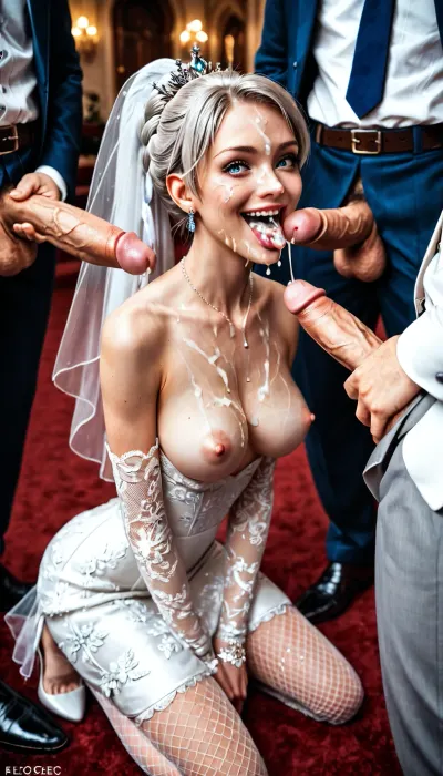 Weiss schnee, slim, medium breasts, wedding dress, (kneeling oral position, mischievous smile, gangbang multiple cocks, cum on face, cum in mouth, cum on tongue, cum on breasts, cum on body, cum covered, gigantic hughecock:1.2), side view, offscreen male, bright luxurious bedroom, airy light-colored interior, white and cream furnishings, soft daylight, elegant decor, luxurious elegant wedding dress, intricate white lace, delicate floral embroidery, fitted bodice, sweetheart neckline, long flowing skirt, layered tulle, translucent lace sleeves, satin fabric, subtle pearl embellishments, sparkling crystal details, long elegant train, sophisticated haute couture bridal Design, (Ultra skinny:1.86)