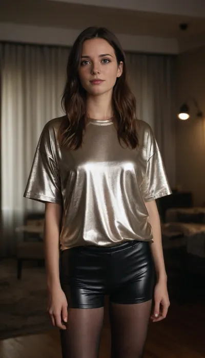 29 year old, brunette, oversized tshirt, shiny metallic tshirt, loose tshirt, black tights, black leather shorts