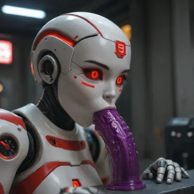 (a female robot is sucking on an metal dildo:2.1), (Sci-Fi city:.9), (neon lights:.8), (silver dildo), (red robot:.95)