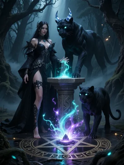 A masterpiece of the highest quality, (digital art in the ‘dark fantasy’ style:1.2), . A beautiful sorceress with mesmerising eyes and long dark hair, dressed in an exquisite obsidian-coloured Gothic gown, stands beside an ancient stele in the very heart of the gloomy, mystical Black Forest. She and her two companions stand peacefully by the portal, with streams of power flowing around them, feeding the pentagram, the pentagram’s power merges with their own. The sorceress and her mythical horned panther, with crystalline horns, close the portal as they bid farewell. Standing beside them is a majestic panther, the sorceress’s eternal familiar. In the background are twisted, dead trees and thick mist creeping across the ground. A vortex of magical energy forms around them, bright, ancient magical runes surround a five-pointed pentagram radiating pure energy, brightly glowing ethereal threads, and a portal slowly taking shape at its centre. Deep shadows, voluminous beams of light, dynamic neon-coloured turquoise and violet sparks, sharp focus on the characters, cinematic lighting.