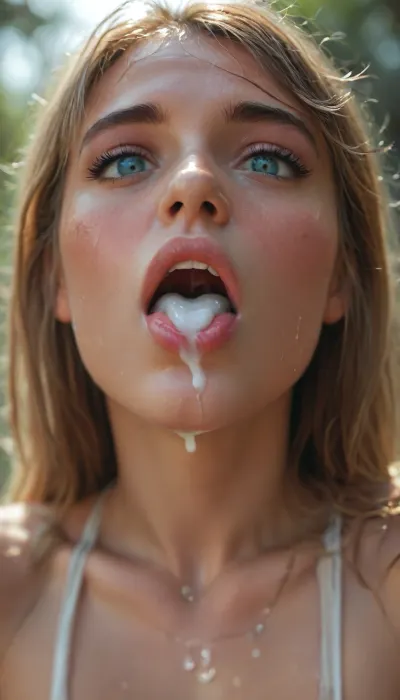 Hyper-realistic cinematic close-up shot taken with a Canon EOS R5, 75mm f/1.2 lens, capturing a supermodel with long, dampened red hair in the throes of an intense, eye-rolling climax. Low-angle perspective emphasizing her parted, lush lips and an expression of raw euphoria. The scene is set in a high-end, dimly lit nightclub with atmospheric neon magenta and deep cobalt blue ambient lighting, creating a dramatic HDR contrast. Extremely detailed skin texture with visible pores, micro-sweat, and glistening moisture., (Thick, translucent, viscous white cum is artfully splattered across her face, coating her tongue and dripping from her open mouth:1.4), with heavy droplets of thick cum clinging to her cheeks and flowing down onto her chest. A thin, glistening trail of crystalline saliva bridges the gap between her lips and a blurred, out-of-focus phallus positioned inches from her face. Technical specifications, Sharp focus on the iris and glistening droplets, shallow depth of field causing the nightclub background to melt into a creamy, colorful bokeh. Professional three-point lighting with a strong rim light highlighting the wet strands of her hair and the iridescent quality of the cum. 8k UHD resolution, masterpiece quality, maximum detail, extreme realism, photorealistic skin shaders, wet-look physics, cinematic still, raw photography, highly detailed cum, 1.4x magnification close-up.., (close up:1.4), low angle, supermodel, big, lips, but, woman, cum, on, face, <lora:Beautify-Supermodel-SDXL:1.8>, <lora:BUT_SDXL_SHS:1.8>, <lora:JustCum:1.8>, <lora:MJ52:1.2>