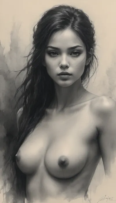 Beautiful anime girl, (((charcoal sketch))), (((charcoal drawing))), (((very petite girl))), (((turns to face the viewer))), (((oiled skin))), (((skinny))), naked, Black, and, white, art, black, pencil, shading, charcoal, drawing, toned, paper, brutal, dark, b/w, color, scheme, <lora:Black and white art.V1:.8>