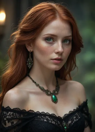 photograph, digital art, fantasy style, beautiful red-haired woman, long straight hair, fair skin, freckles, green eyes, delicate features, wearing black off-shoulder dress with lace trim, beaded necklace, ornate earring, big breast, looking over shoulder, soft light, dark textured background, ethereal, fantasy character, intricate hair details, realistic texture, fantasy portrait, romantic, mystical, detailed, elegant, soft focus, dreamy atmosphere.