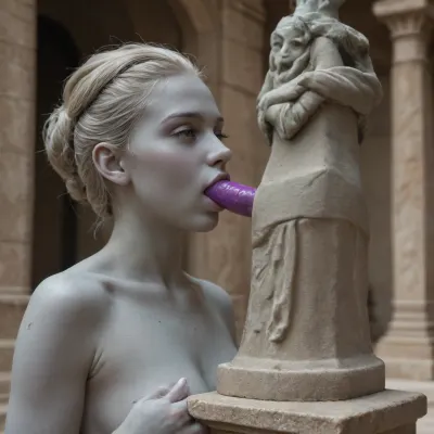 (a female stone statue:1.45), a purple dildo in the statue's mouth, grey stone skin