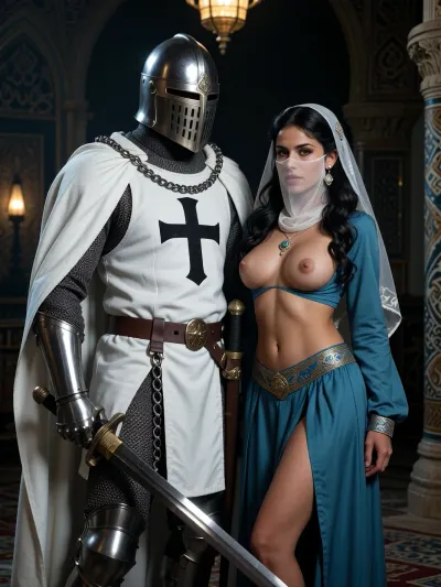 (Photorealistic), The Background is a arabic antique moschee, darklighted crusader, the crusader wears a white chain amor with a black cross, he wears a full faced plate helmet, he wears white long cape, he wears chain leg amor, on his belt is a sword, 30 years arabic woman, small face, high cheeckbones, small tits, black wavy hair, narrow waist, narrow hips, tanned skin, she wears a oriental blue dress, earrings, necklace, she's wearing a veil on head, she's wearing a veil on her face