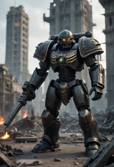 Mechanical goleaf warhammer 40000, black armor, glimming, in front of a destroyed city